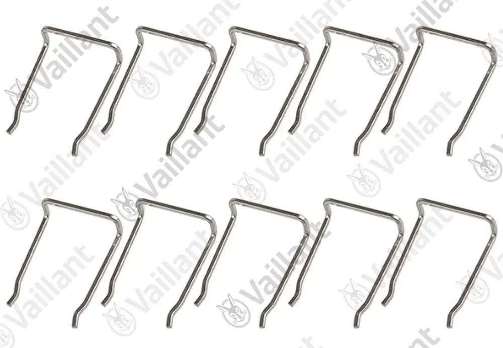 10 metallene Clips der Marke Vaillant, in zwei Reihen angeordnet, mit einem einfachen, funktionalen Design.